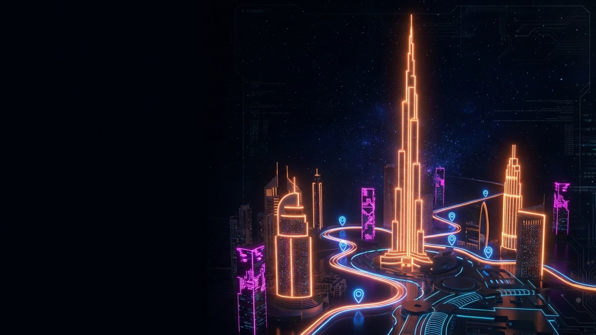 A stylised Dubai skyline at night, drawn in glowing lines.