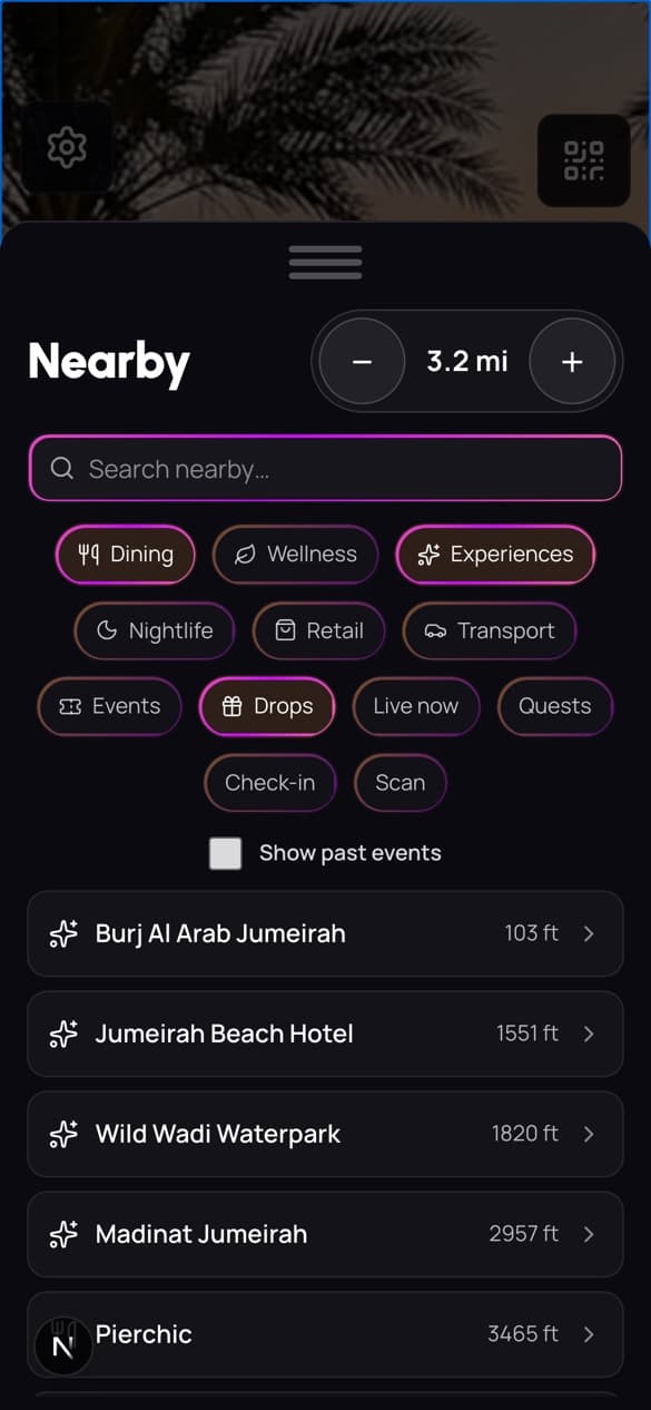 The Nearby sheet in the bonuz app showing the full category rail.