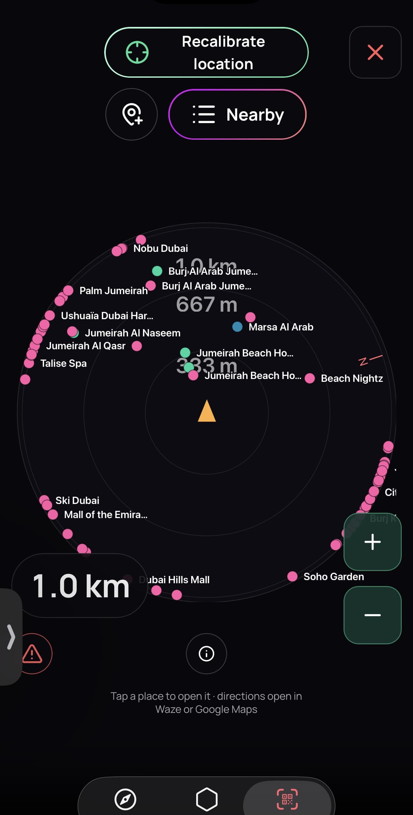 The radar screen in the bonuz app showing surrounding points and their distances.