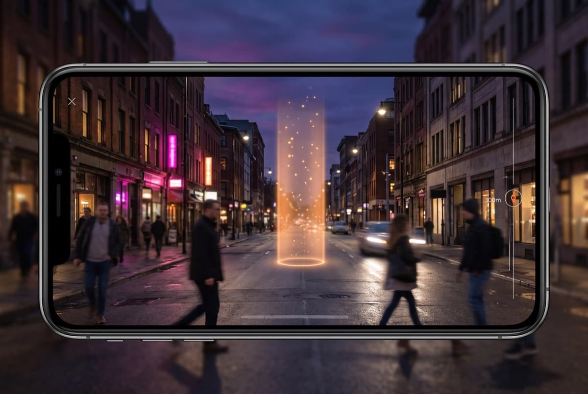 Through the lens: a soft column of warm light standing on a real sidewalk.
