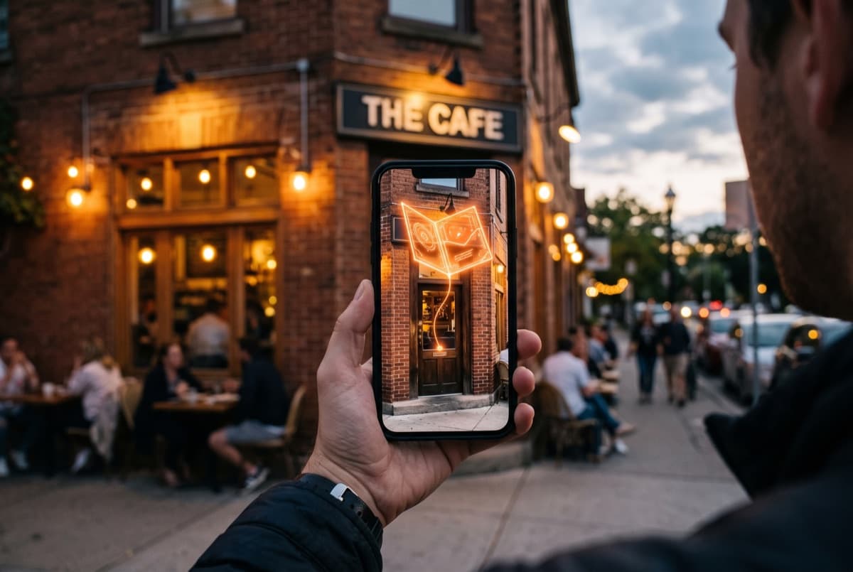 On the phone screen only: a glowing card unfolding over a cafe doorway; the real cafe around the phone is ordinary.